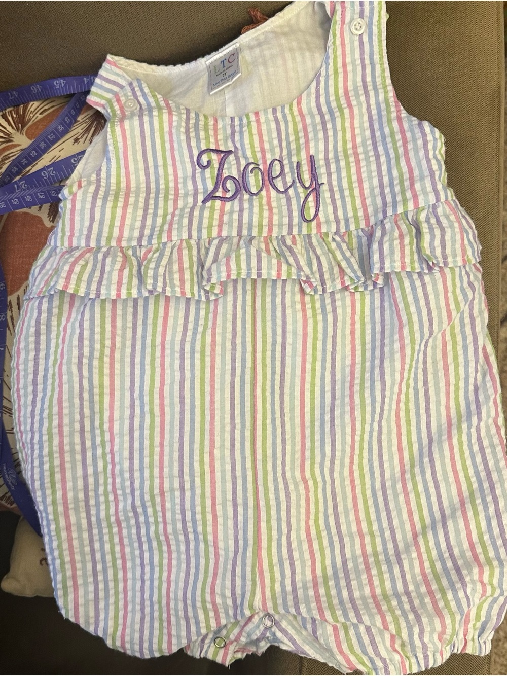 Striped Seersucker Baby Romper with Zoey Embroidery